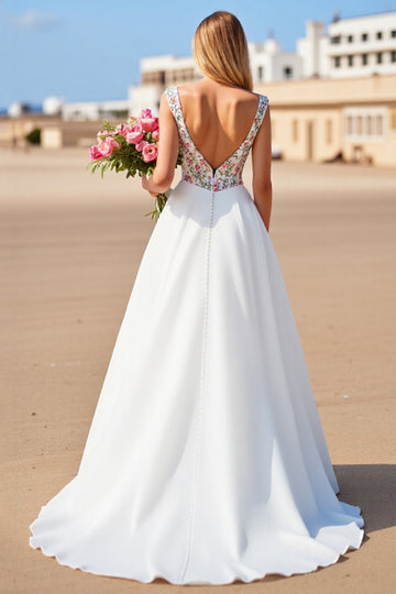 White A Line V Neck Floral Wedding Dress